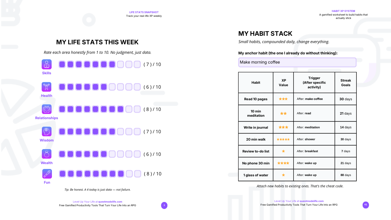 Life Stats + Habit Stack worksheet pages