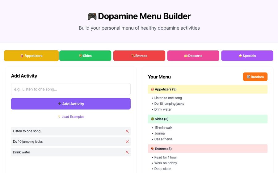 Dopamine Menu Builder — healthy activity categories