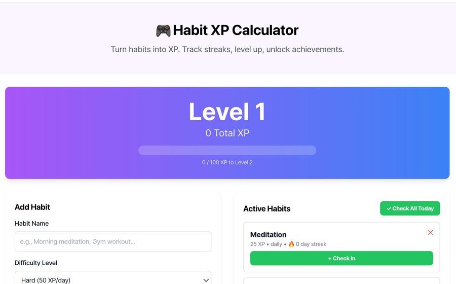 Habit XP Calculator — compound habit growth chart