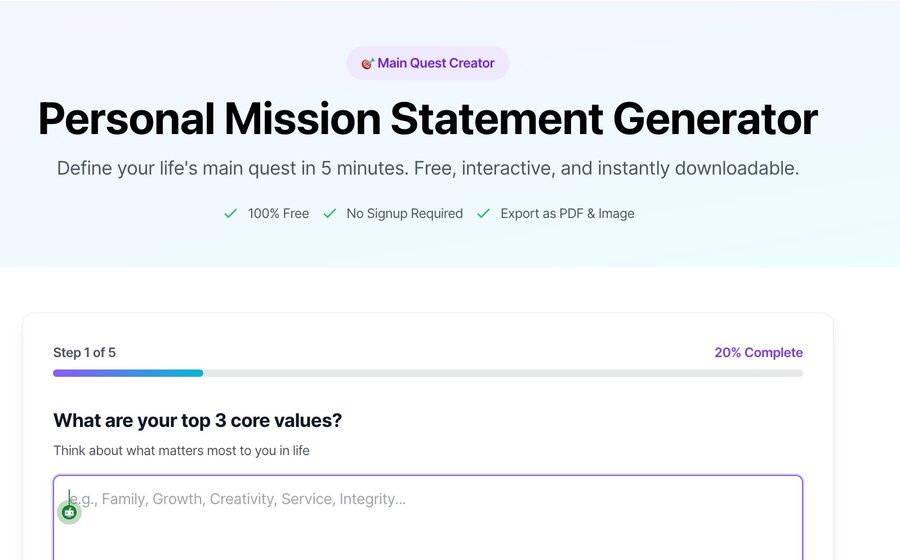 Personal Mission Statement Generator — define your main quest