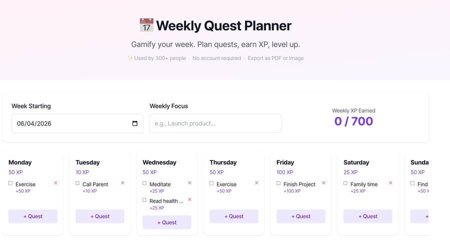 Weekly Quest Planner — gamified time blocking